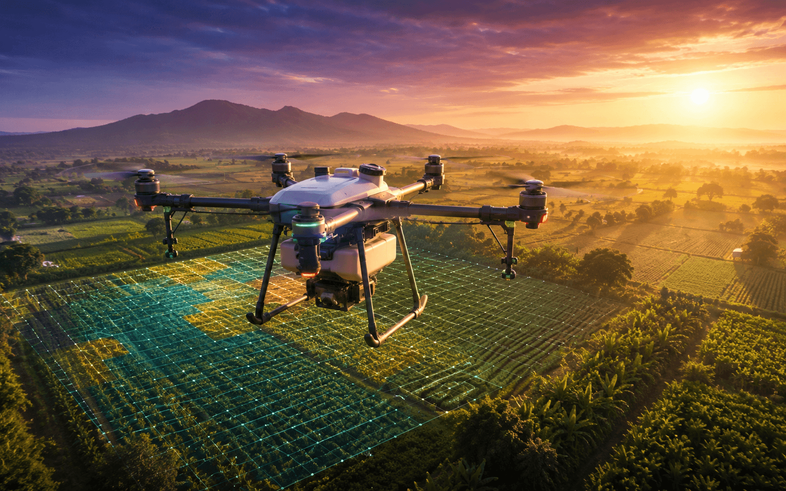 Agricultural drone flying over mapped farmland